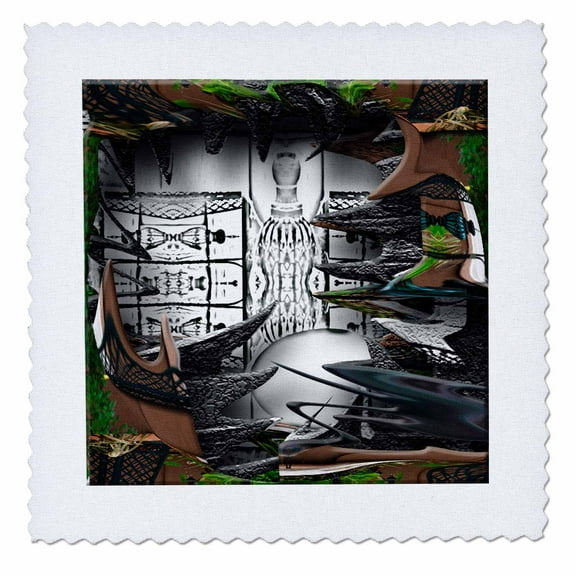 3dRose, A Deep Shadow Box of Black and White Surrounded by Wispy Greens Leaves and Brown Fence, 12x12 inch quilt square