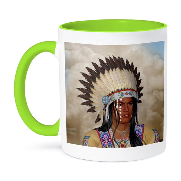 3dRose, A face Indian with war bonnet portrait, 11oz Two-Tone Green Mug