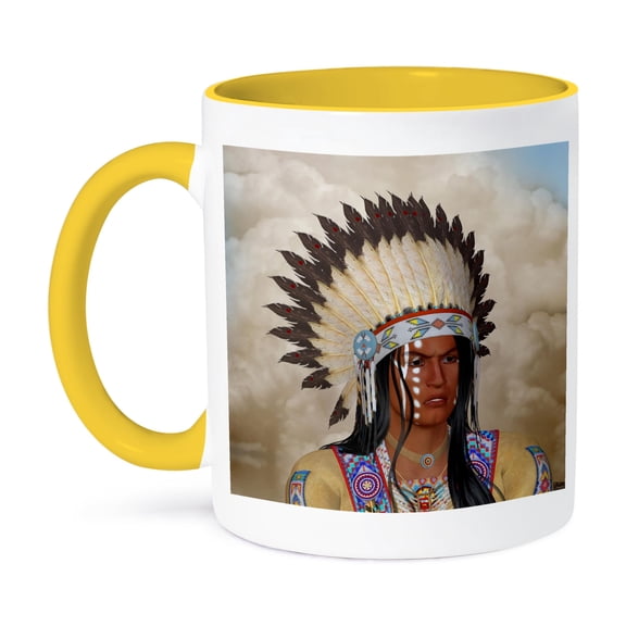 3dRose, A face Indian with war bonnet portrait, 15oz Two-Tone Yellow Mug