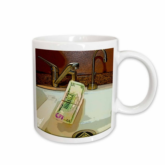 3drose, a Five Dollar Bill and a One Dollar Bill Coming Out of a Faucet and Going Down the Drain Posturized, 11oz Mug