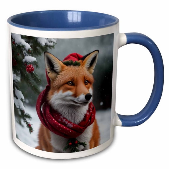 3drose, a Fox Wearing a Santa Hat and Scarf, 11oz Two-tone Blue Mug