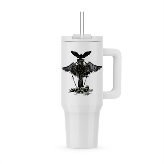 A Gothic Fantasy Celtic Cross, Skulls, Swords And A Black Raven., 30oz Tumbler