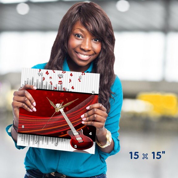 3dRose, A Guitar Against a Red Background With Floating Musical Notes, 15x15 Wall Clock