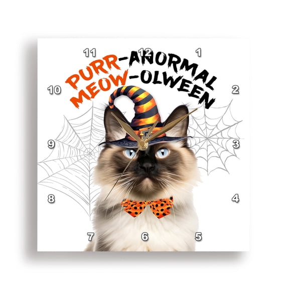 3dRose, A Halloween Balinese Cat in a Wizard Hat with Dotted Bow, 10x10 Wall Clock