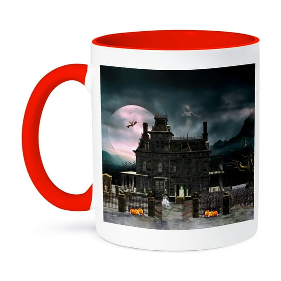 3dRose, A Halloween haunted house in the night with ghosts and creatures, 11oz Two-Tone Red Mug