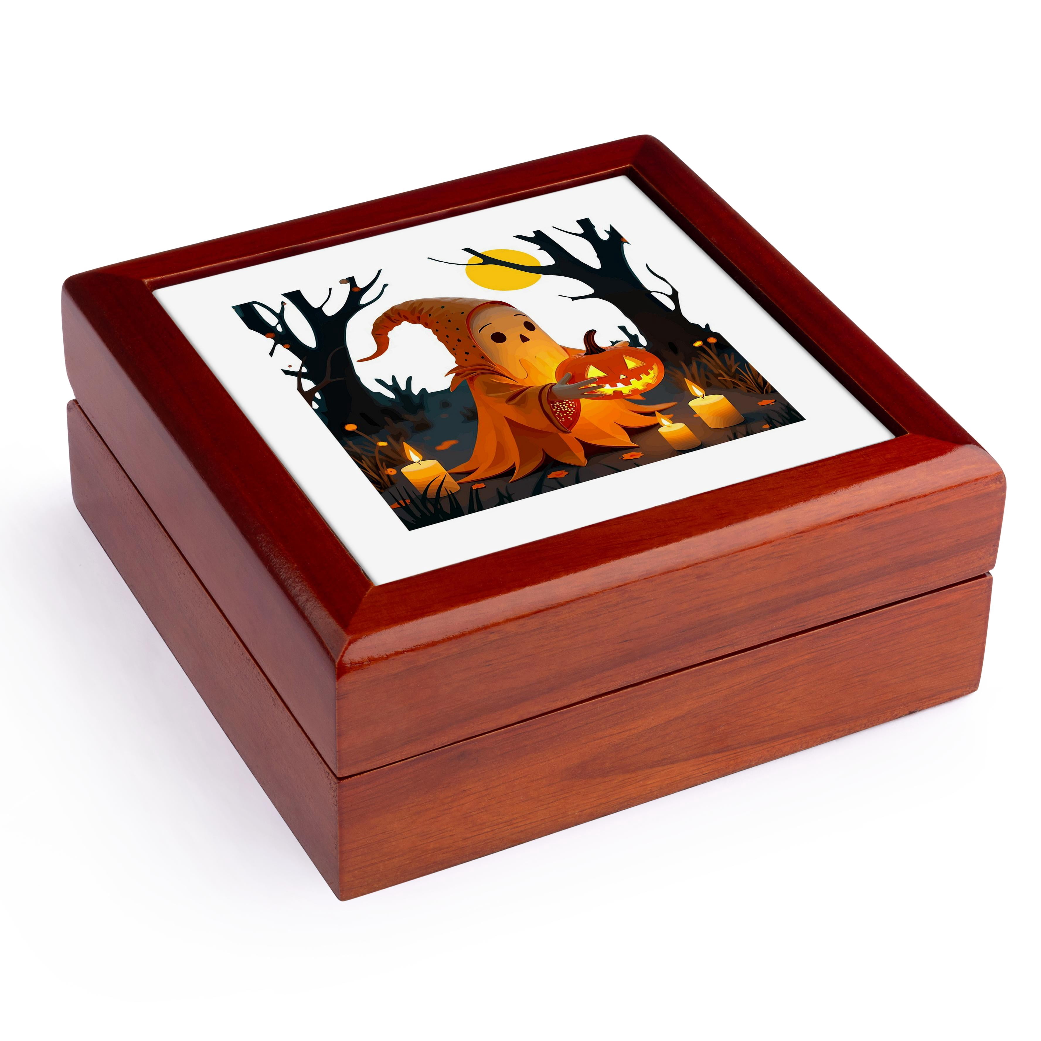 3dRose, A Hooded Cloaked Figure Collecting Toadstools In A Woodland Cut Out, Jewelry Box 5.5x5.5 inch with 4 inch tile