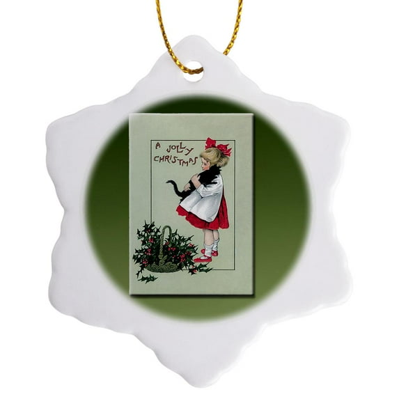 3drose, a Jolly Christmas Little Girl Holding a Black Cat with a Basket of Holly Leaves and Berries, 3 inch Snowflake Porcelain Ornament