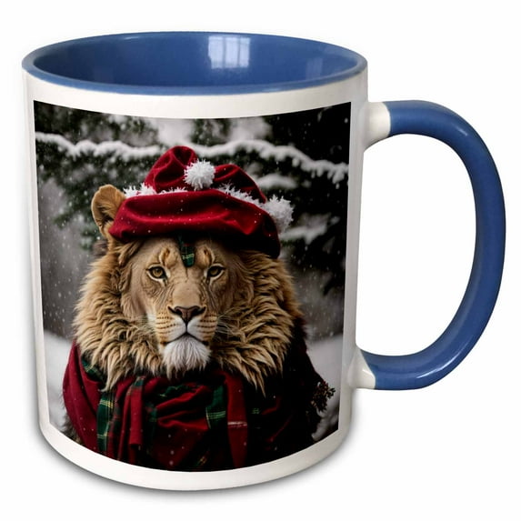 3drose, a Lion Wearing a Santa Hat and Scarf, 11oz Two-tone Blue Mug