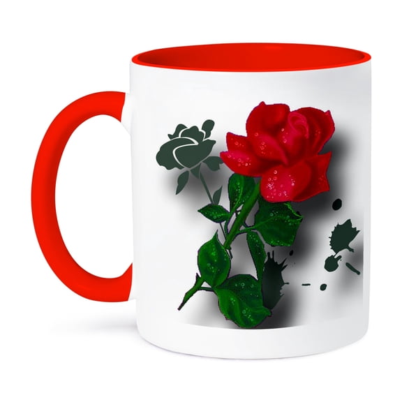 3dRose, A long stemmed red rose with dew a grunge tribal background and shadows simply stunning, 11oz Two-Tone Red Mug