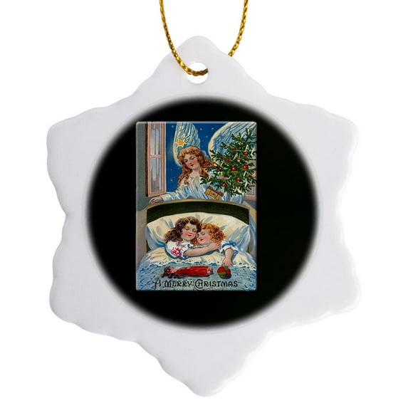 3drose, a Merry Christmas Children Asleep in Bed with an Angel Looking on with a Christmas Tree, 3 inch Snowflake Porcelain Ornament