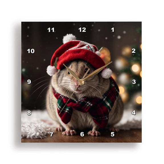 3dRose, A Mouse wearing a Santa Hat and Scarf, 15x15 Wall Clock