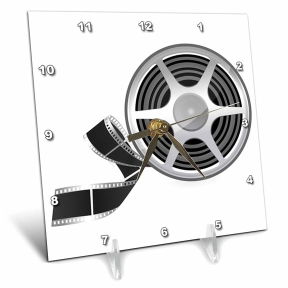 3dRose, A Movie Reel With A Strip Of Movie Film Illustration, 6x6 Desk Clock