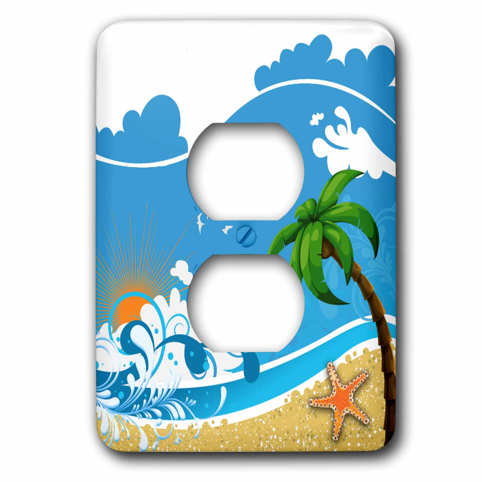 3dRose, A Palm Tree Against A Blue Sky With A Sun and Star Fish Design, 2 plug outlet cover