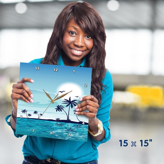 3dRose, A Pretty Tranquil Blue Sea Side With Palm Trees All In Blue, 15x15 Wall Clock