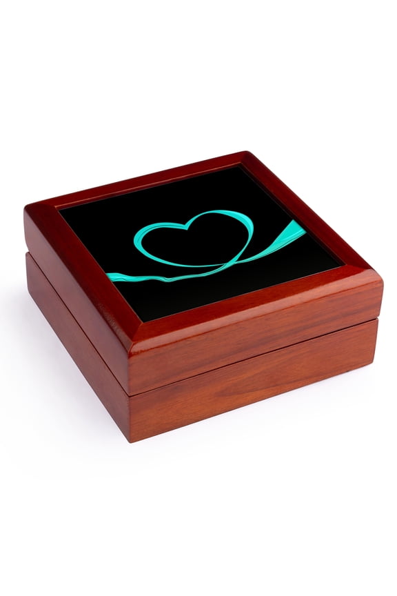 , A Pretty Turquoise Swath Of Fabric Shaped Into A Heart, Jewelry Box 5.5x5.5 inch with 4 inch tile