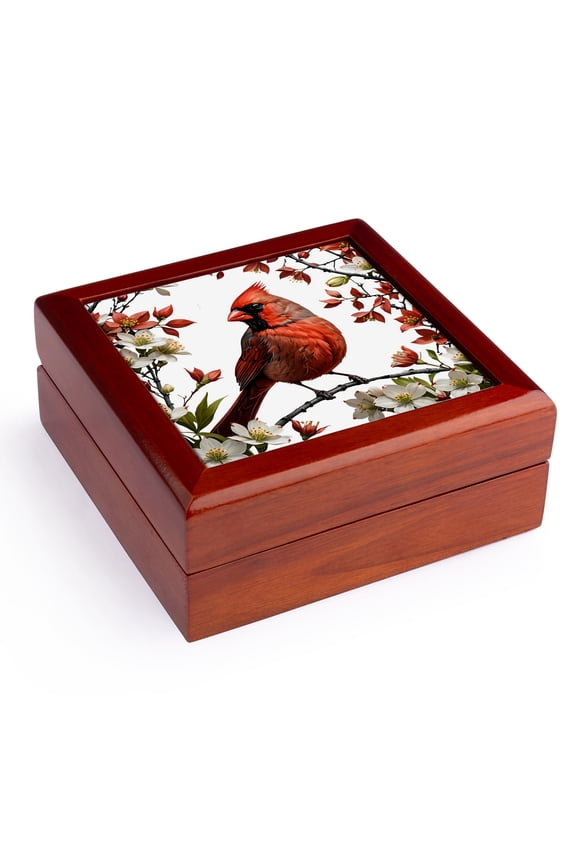 , A Red Cardinal Bird Surrounded by Cornus florida Flowers, Jewelry Box 5.5x5.5 inch with 4 inch tile