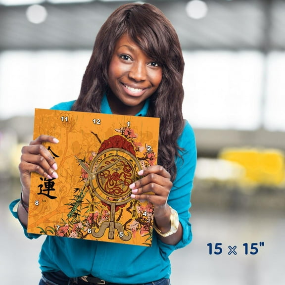 3dRose, A Red and Brown Oriental Scene With Oriental Writing Meaning Destiny and Luck, 15x15 Wall Clock