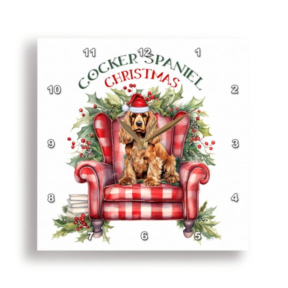 3dRose, A Santa Hat and Decorated Holiday Chair with a Cocker Spaniel Dog, 15x15 Wall Clock