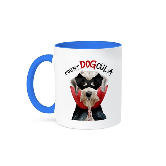 3dRose, A Sealyham Terrier dog in a vampire costume for treats on Halloween., 11oz Two-Tone Blue Mug