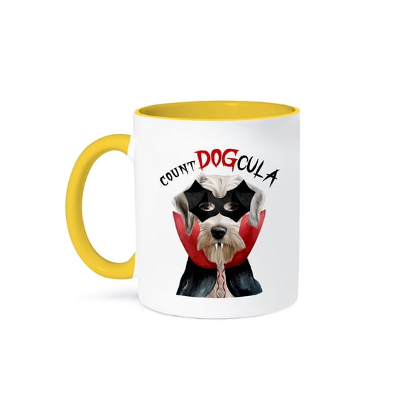 3dRose, A Sealyham Terrier dog in a vampire costume for treats on Halloween., 11oz Two-Tone Yellow Mug