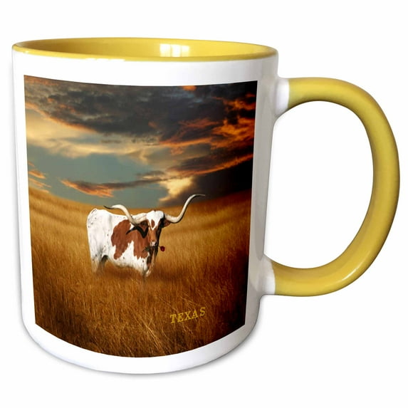 3drose, a Texas Longhorn, 11oz Two-tone Yellow Mug