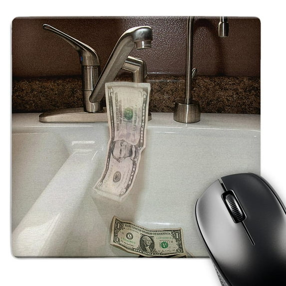 3dRose, A White Porcelain Kitchen Sink with a Five and Two One Dollar Bills Falling into it Down the Drain , MousePad