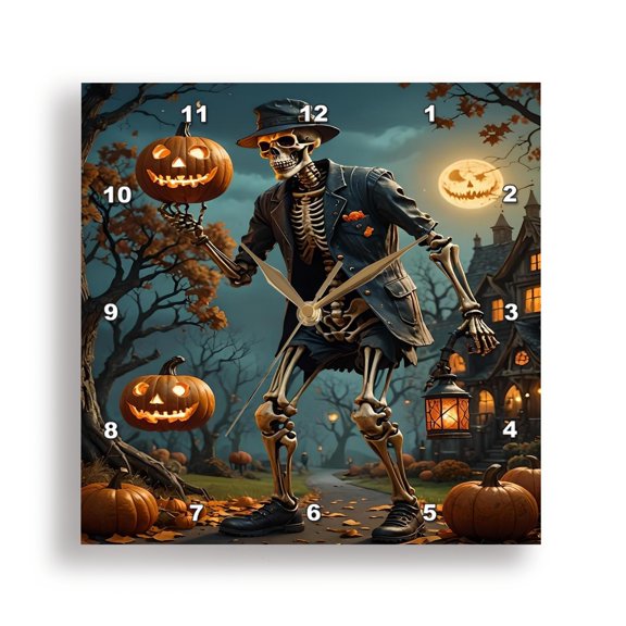 3dRose, A Zombie Skelton Holding A Tradition Lantern and Jackolantern, 15x15 Wall Clock