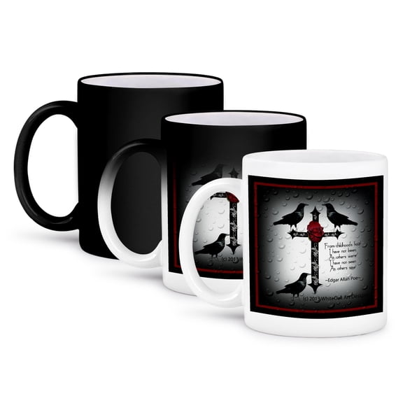 3dRose, A black gothic cross with designs and ravens, 11oz Magic Transforming Mug