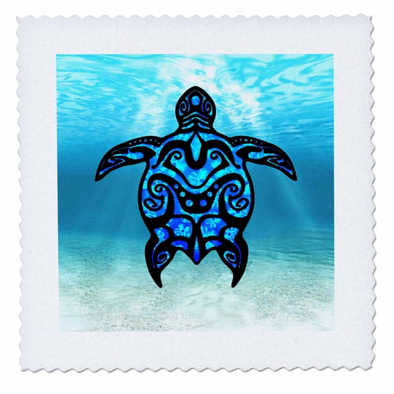 3dRose, A blue Hawaiian Polynesian tattoo style Honu tribal turtle., 10x10 inch quilt square
