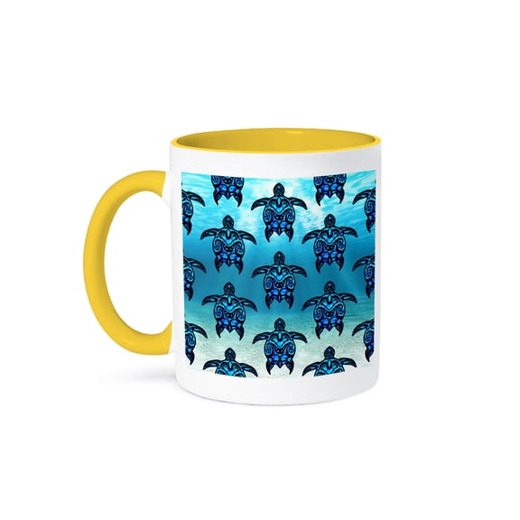 3dRose, A blue Hawaiian Polynesian tattoo style tribal turtle pattern., 11oz Two-Tone Yellow Mug