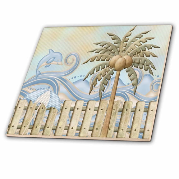 3dRose, A busy day at the beach with whimsical dolphin waves and scenery, 4 Inch Ceramic Tile