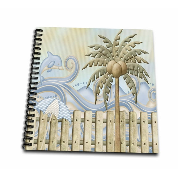 3dRose, A busy day at the beach with whimsical dolphin waves and scenery, Drawing Book 8 x 8 inch