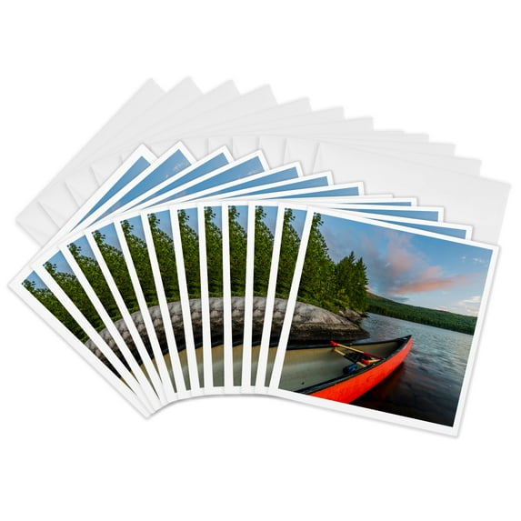 3drose, a Canoe on the Shore of Bald Mountain Pond at Sunrise. Maine., 12 Greeting Cards with Envelopes