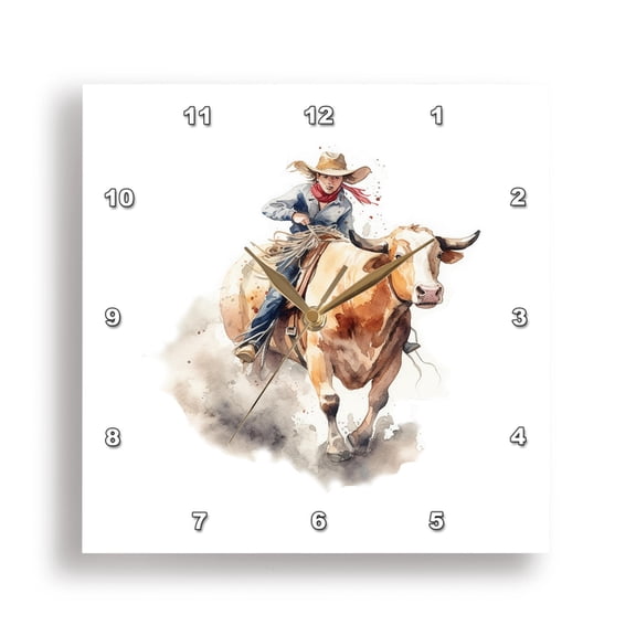3dRose, A charming brave cowboy rides a bull during rodeo. Western gift., 15x15 Wall Clock