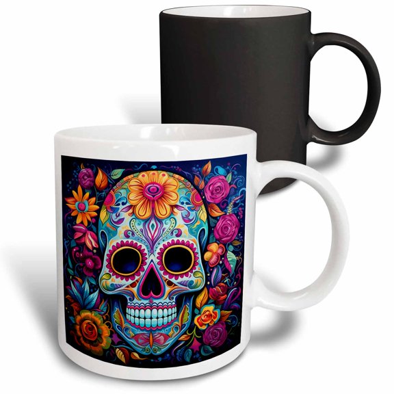 3drose, a Colorful Sugar Skull Surrounded by Flowers in Graffiti Style., 11oz Magic Transforming Mug