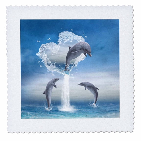 3dRose, A dolphin jumps out of a water heart into the ocean, 12x12 inch quilt square