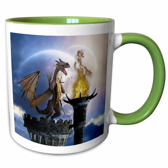 3drose, a Dragon Guard a Castle in the Night a Torch Fire Light Up the Castle, 11oz Two-tone Green Mug