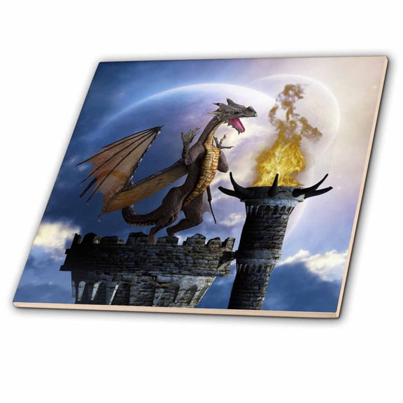 3dRose, A dragon guard a castle in the night a torch fire light up the castle, 12 Inch Ceramic Tile