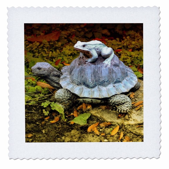 3dRose, A garden turtle statue with a frog riding its back, 12x12 inch quilt square