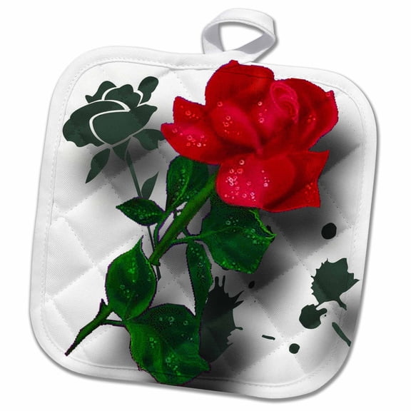 3dRose, A long stemmed red rose with dew a grunge tribal background and shadows simply stunning, 8x8 Potholder