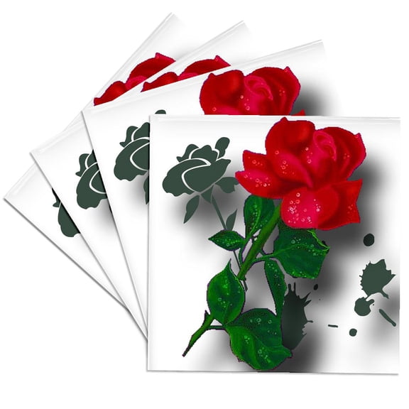 3dRose, A long stemmed red rose with dew a grunge tribal background and shadows simply stunning, Set of 4 Ceramic Tile Coasters