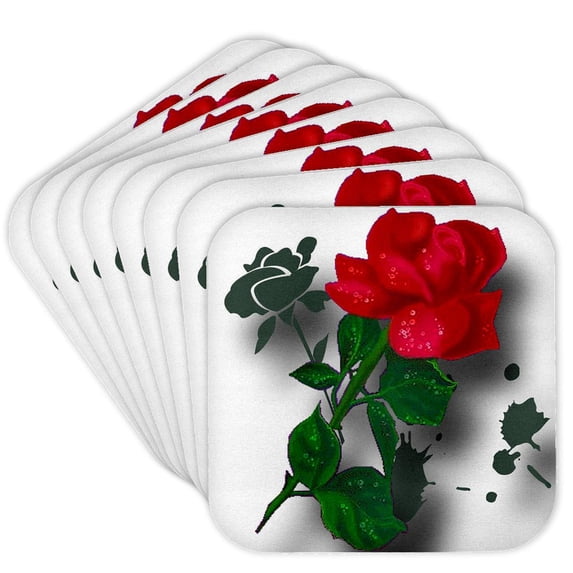 3dRose, A long stemmed red rose with dew a grunge tribal background and shadows simply stunning, Set of 8 Coasters - Soft