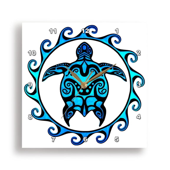 3dRose, A ocean blue tribal honu sea turtle in a Maori Sun Polynesian symbol., 10x10 Wall Clock