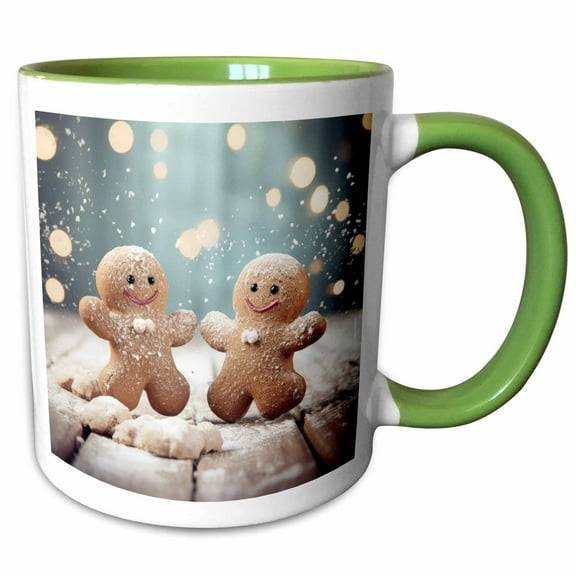 3drose, a Pair of Smiling Gingerbread Men on a Table in Powdery Snow., 15oz Two-tone Green Mug