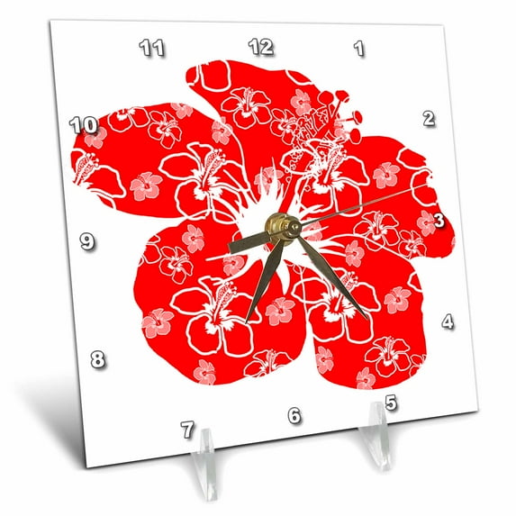 3dRose, A red tropical hibiscus flower with a Hawaiian pattern of flowers., 6x6 Desk Clock