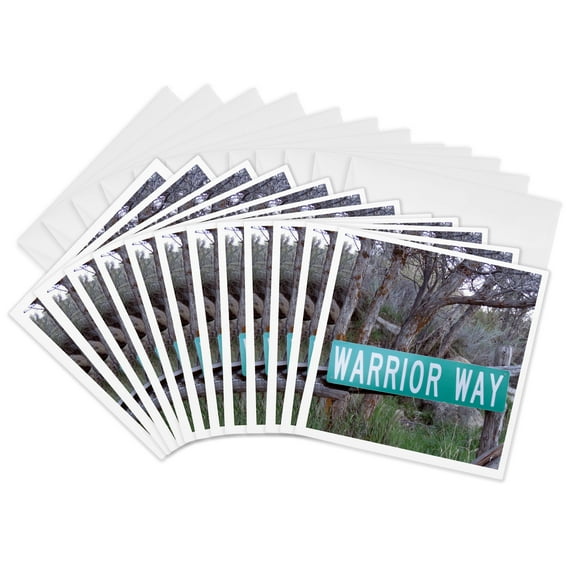 3drose, a Sign That Says Warrior Way in Green Near a Forest, 12 Greeting Cards with Envelopes
