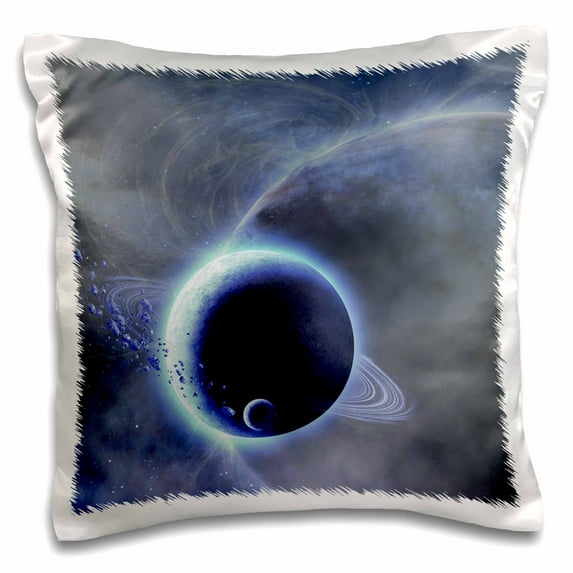 3dRose, A small blue planet with a moon orbiting a giant planet, 16x16 inch Pillow Case
