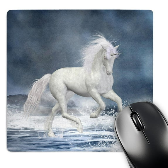 3dRose, A white Unicorn wading in the water. The sea is very rough, MousePad
