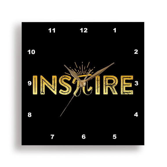 3dRose, A yellow word Inspire, a symbol Pi inside, funny Pi day math gift, 15x15 Wall Clock