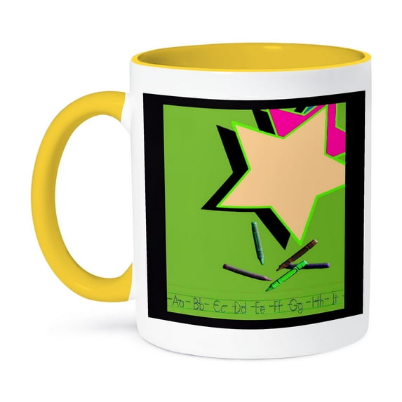 3dRose, ABC and Stars Green, 15oz Two-Tone Yellow Mug